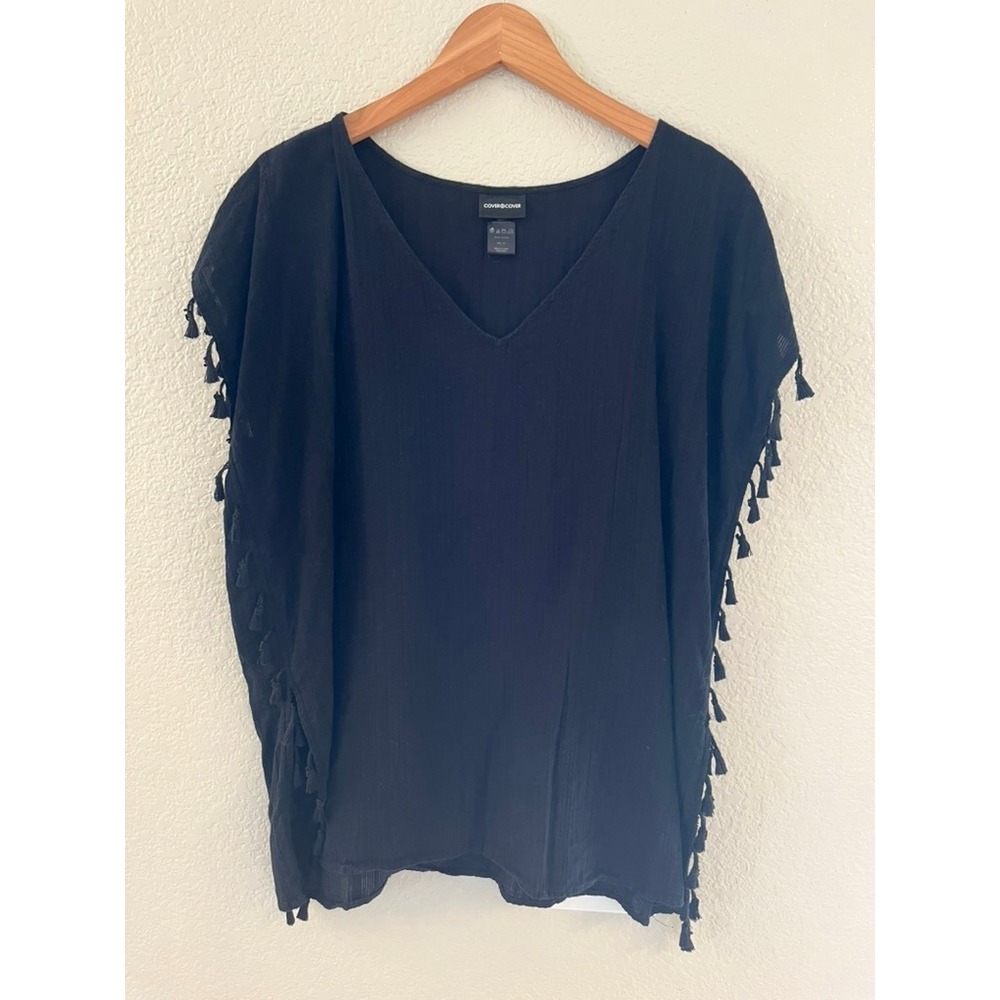 Cover 2 Cover Womens Black Cotton Tassel Trim Swim Cover Up Top TG17187 XS